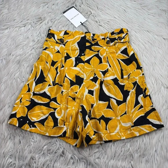 NWT Who What Wear Women's 6 High Rise Yellow Black Floral Linen Blend Shorts - Picture 1 of 5